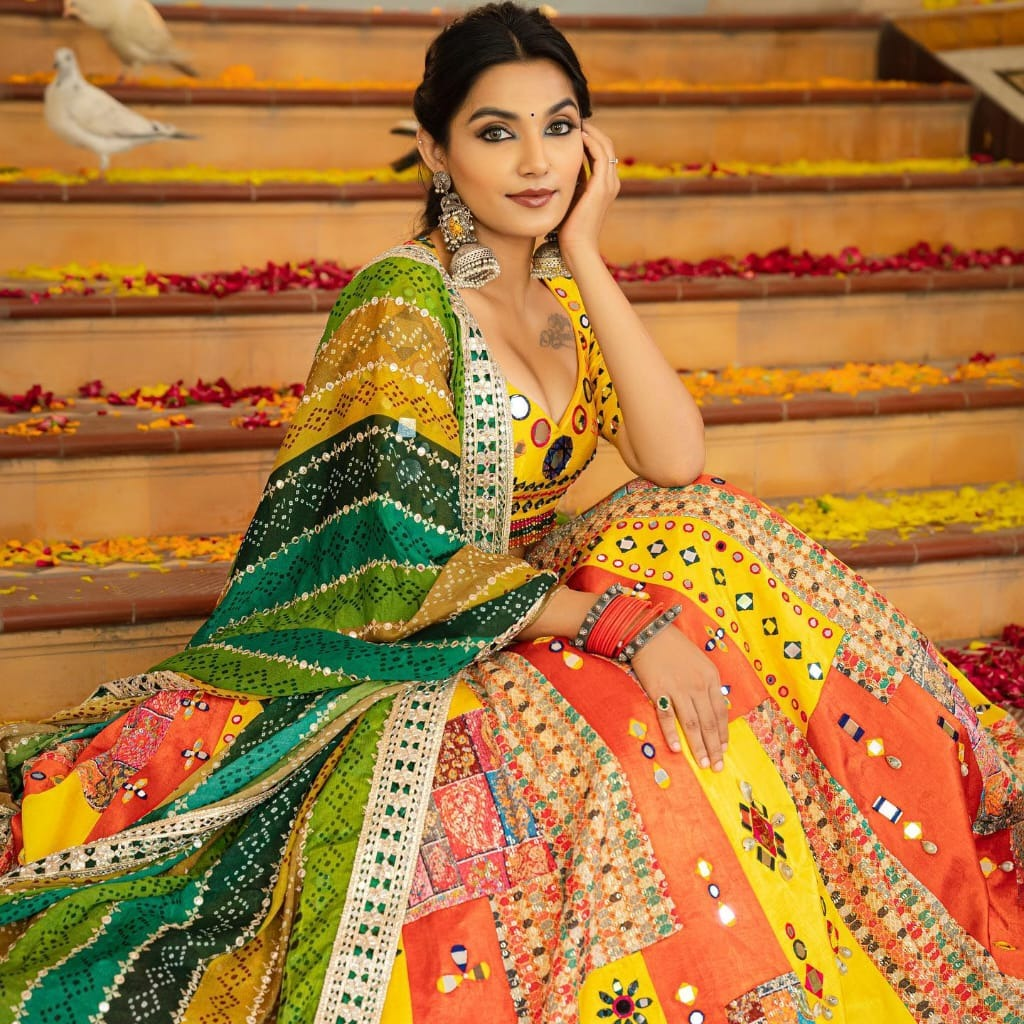 YELLOW SILK LENGHA CHOLI WITH REAL MIRROR WORK AND ATTACHED YELLOW DUPATTA SF-1336