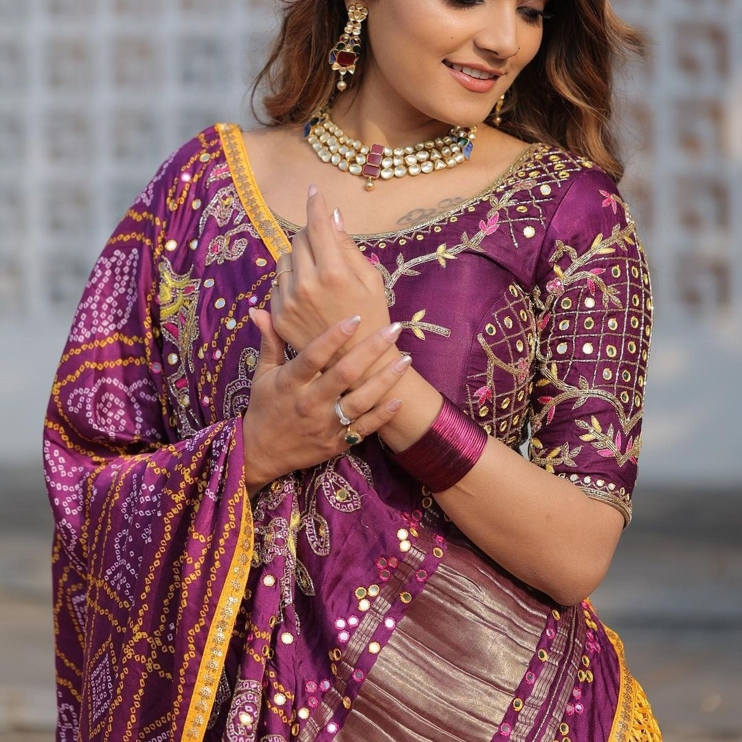 PURPLE SILK LENGHA CHOLI WITH REAL MIRROR WORK AND ATTACHED PURPLE DUPATTA SF-1223