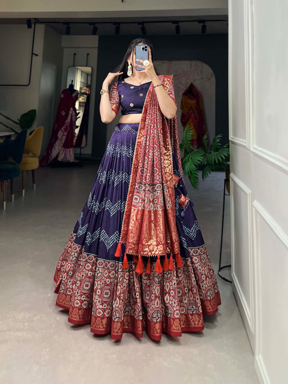 In the embrace of Tusser silk, adorned with Ajarakh prints, the lehenga choli becomes not just a garment, but a reflection of tradition, grace, and beauty💙 KNK-1475