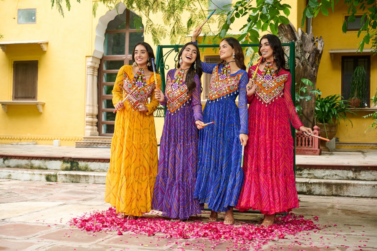 Navrang Bandhej Anarkali Gown with Kutchi Mirror Work