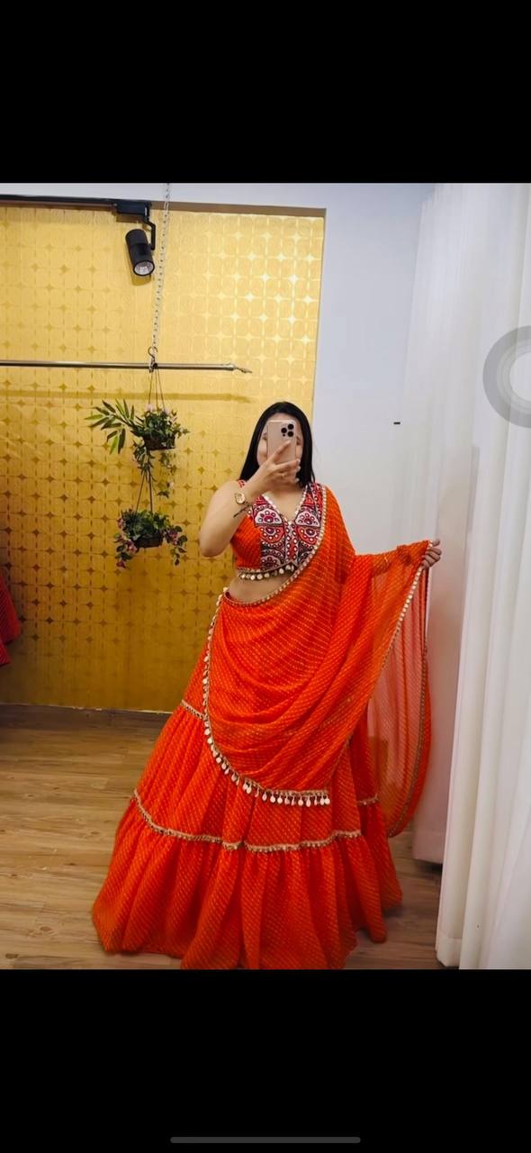 Meher Kutchi Embroidery Blouse with Orange Bandhani Style Lehenga Set