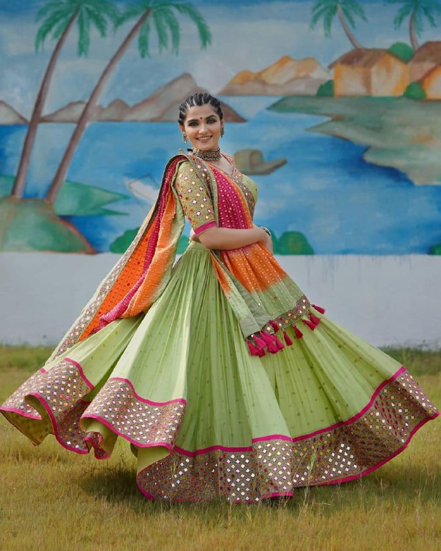 GREEN COLOR LEHENGA CHOLI REAL MIRROR WORK WITH DUPATTA