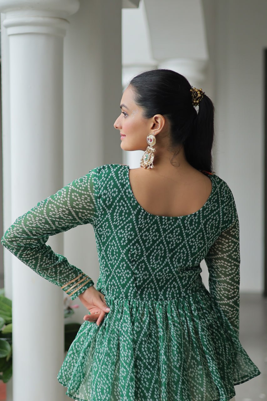 Vrinda Elegant Mirror Work Bandhani Top with Cream Flared Lehenga