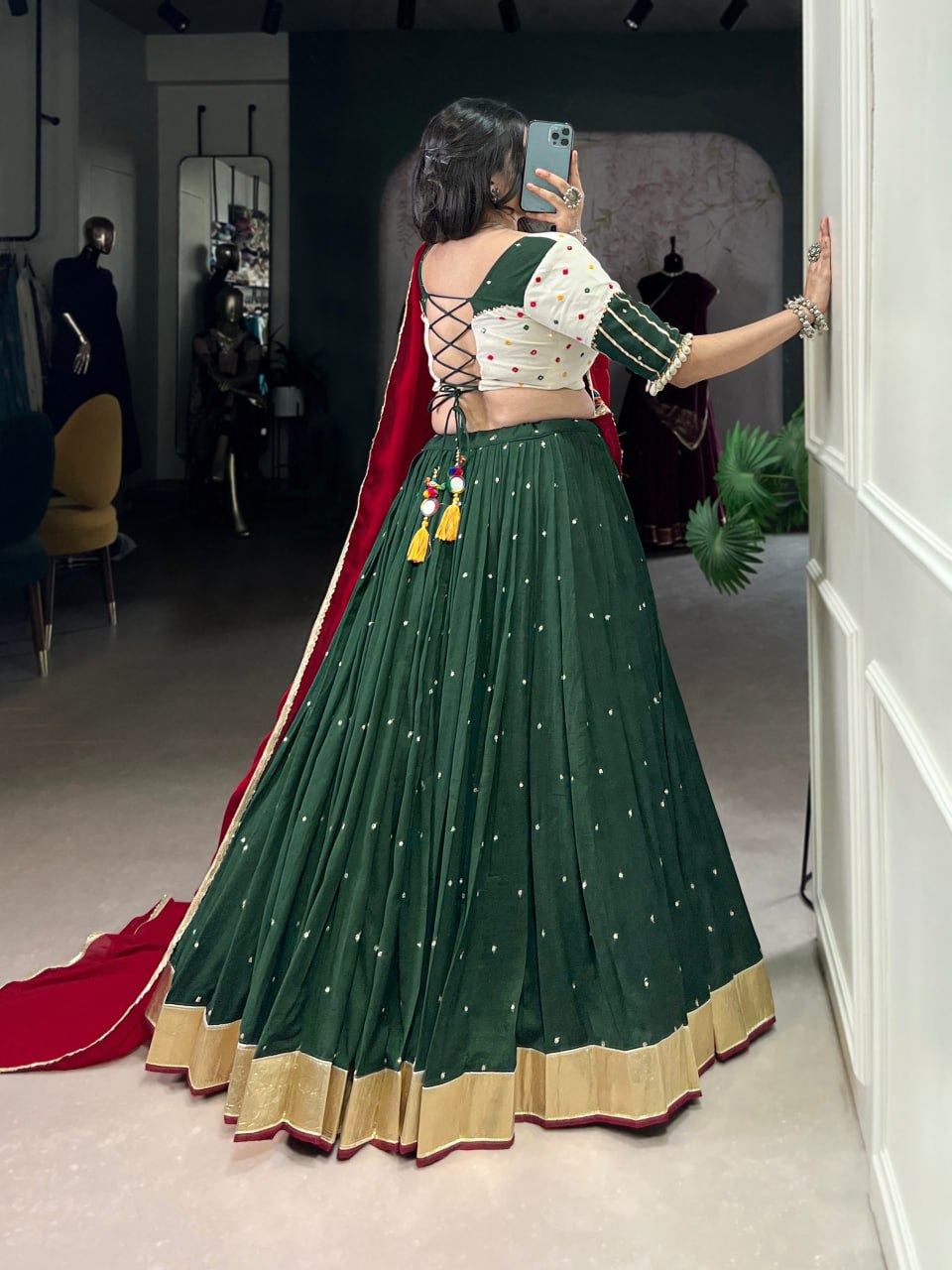 Rangreet Royalty Mirror Work Lehenga Choli with Maroon Dupatta