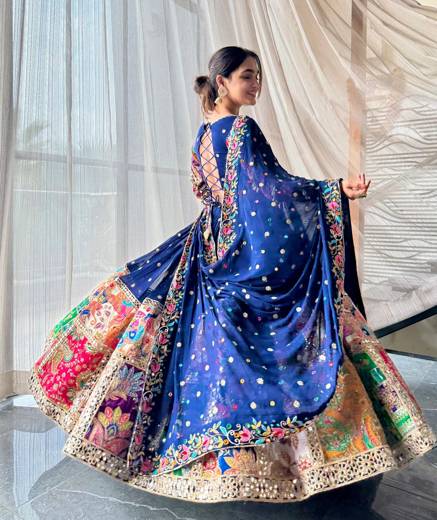 Aarohi Navy Mirror Work Rajasthani Patch Embroidery Lehenga set