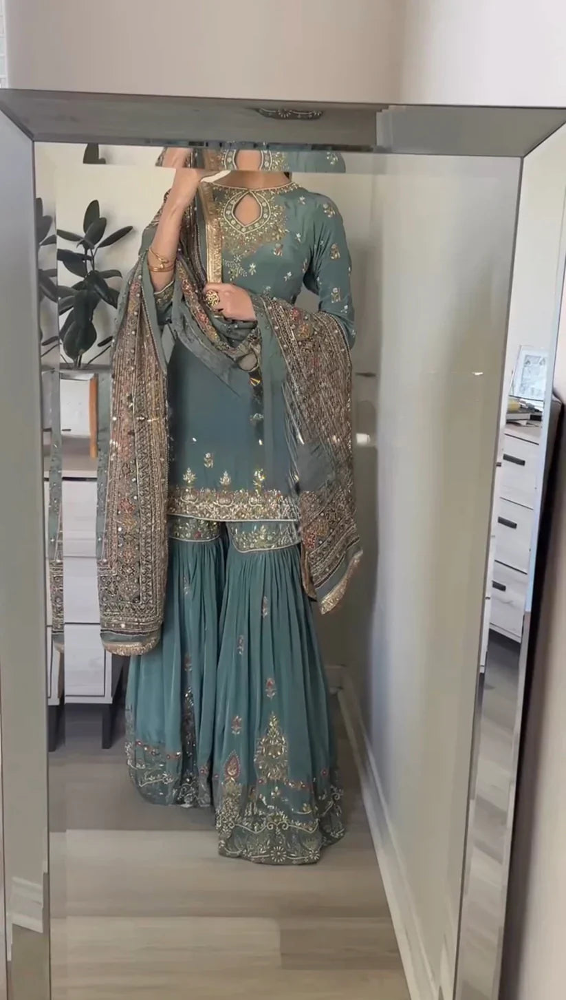 Izhar Teal Green Festive Wear Embroidered Sharara Set