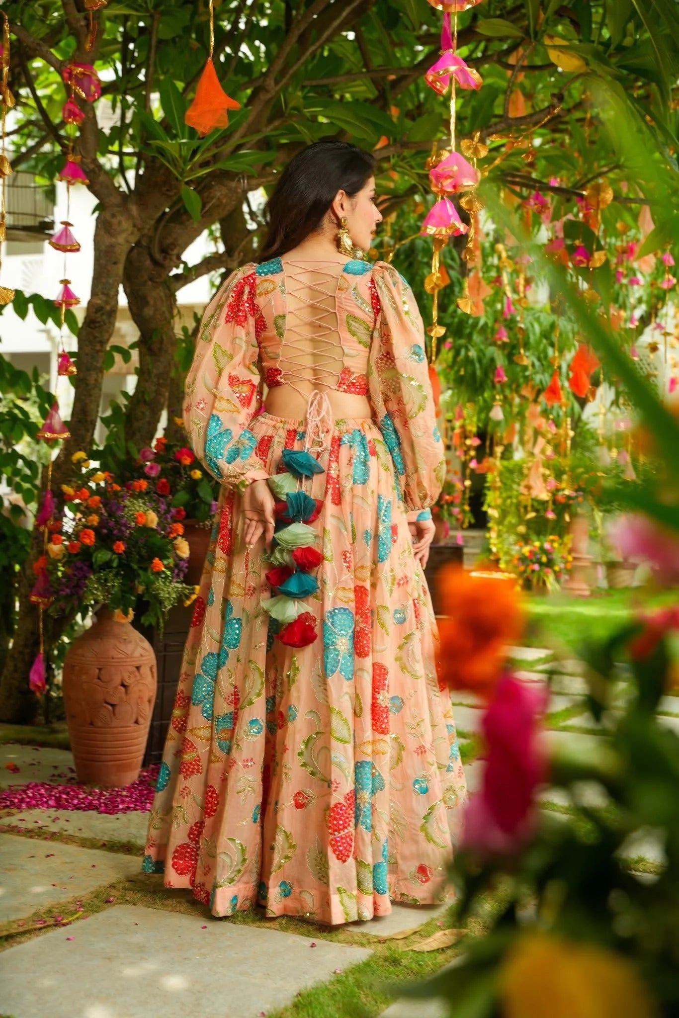 Aarohi Peach Floral Organza Lehenga with Crop Top & Cape Sleeves