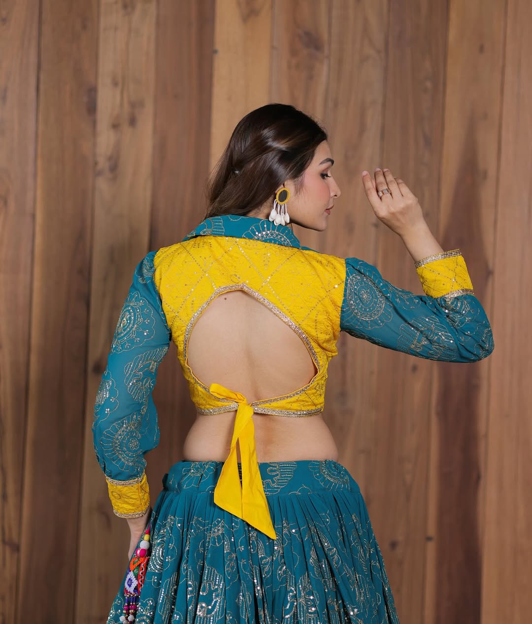 Meera – Teal & Mustard Traditional Mirror Work Navratri Lehenga Set