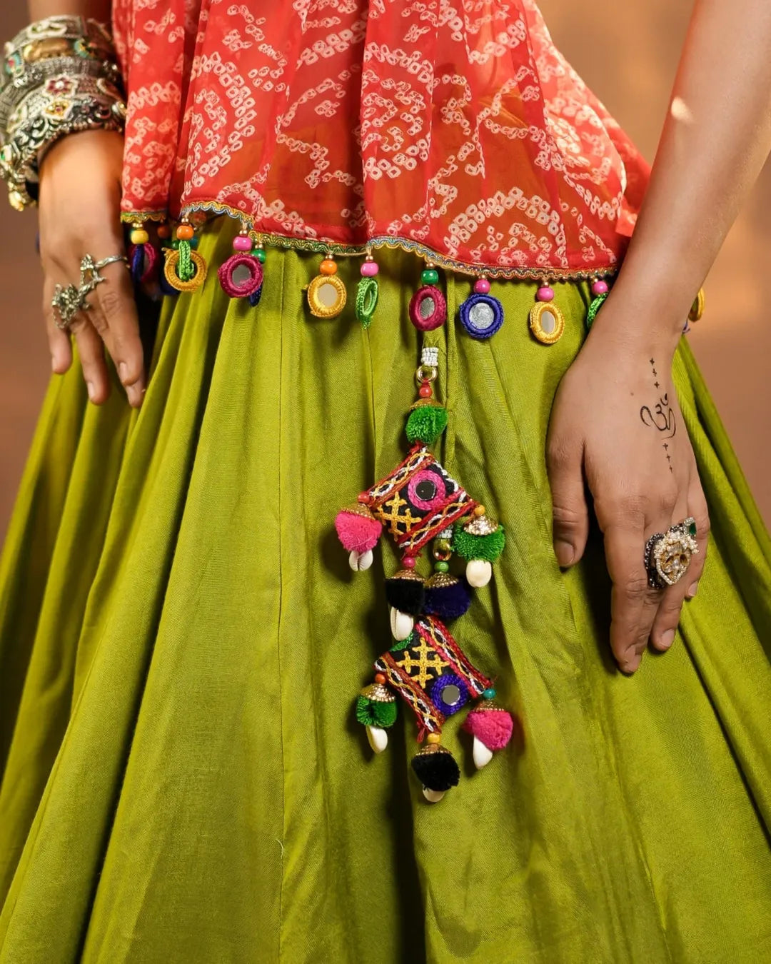 Navya’s Vibrant Lime Green Kutchi Mirror-Work Navratri Lehenga set