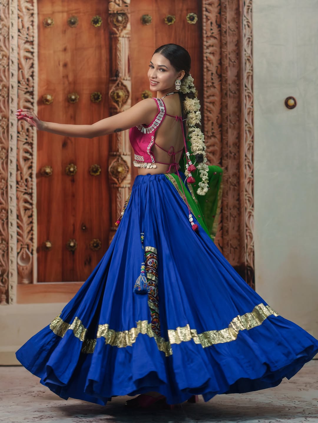 Garba Glam Royal Blue & Pink Mirror Embellished lehenga Choli