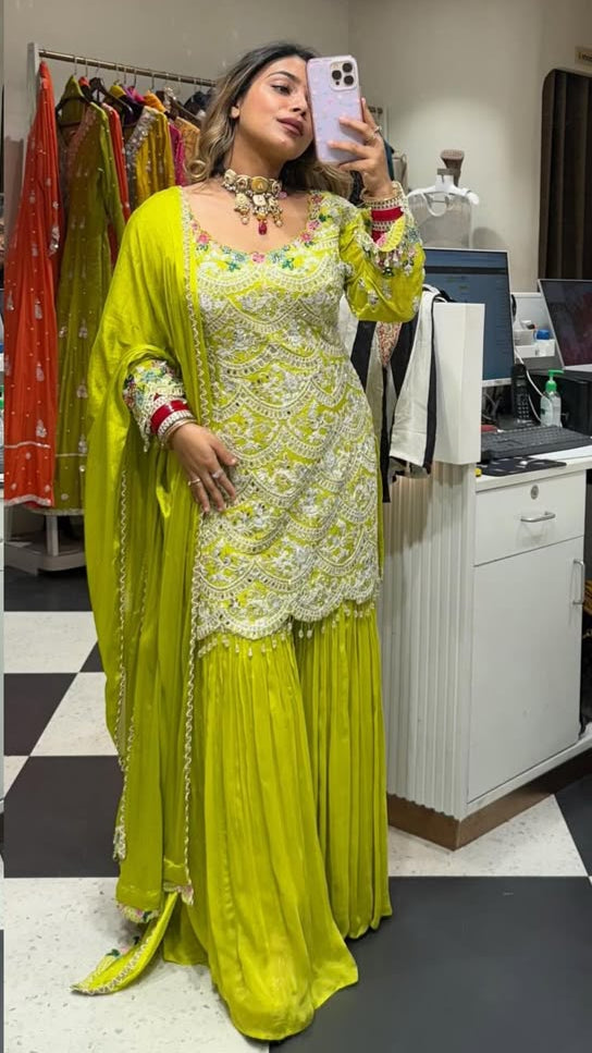 “Designer Georgette Sharara Suit with Heavy White Thread & Sequin Embroidery”