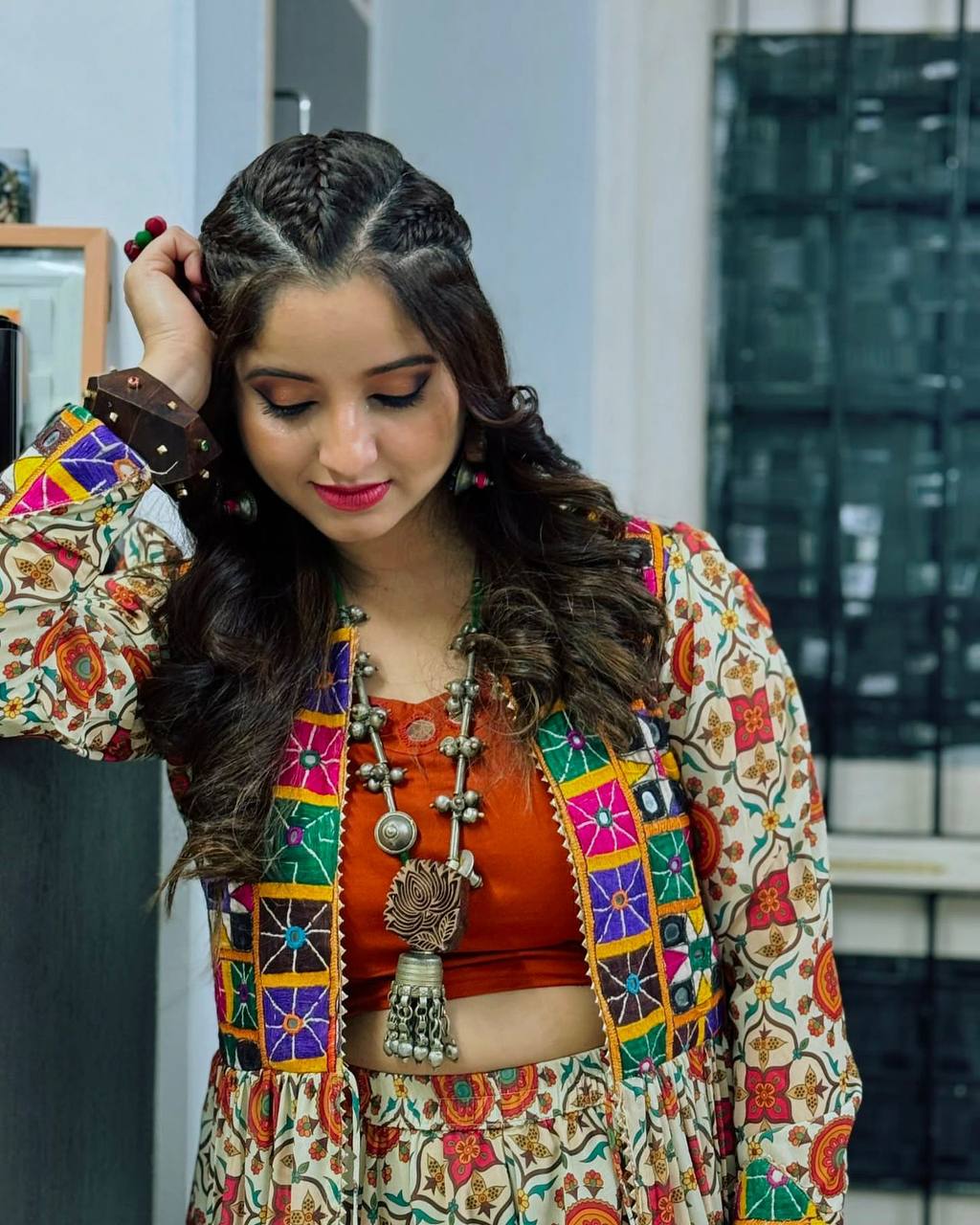 Folk Fusion Magic Mirror Patch Shrug & Printed Flared Skirt for Festive Vibes