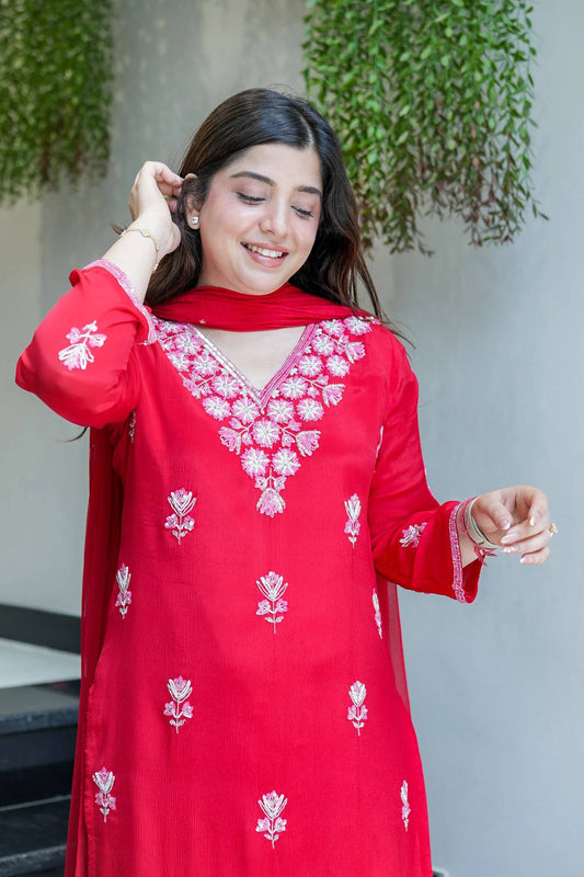 Royal Red Floral Work Sharara Set