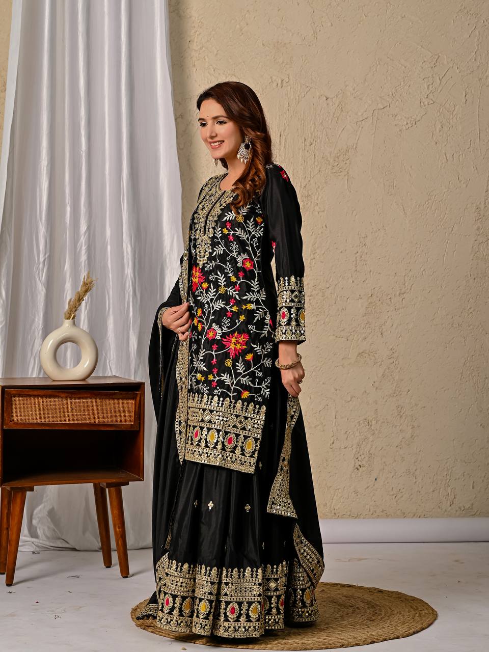 Black Heavy Chinnon Silk Party Wear Sharara