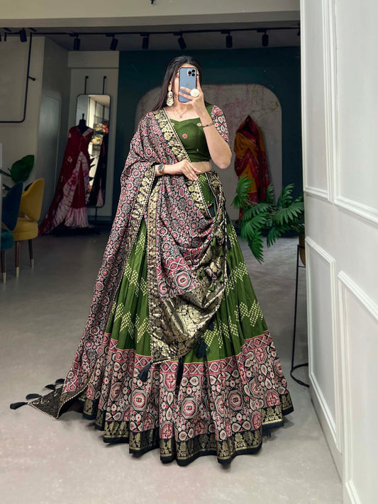 In the embrace of Tusser silk, adorned with Ajarakh prints, the lehenga choli becomes not just a garment, but a reflection of tradition, grace, and beauty💙 KNK-1475