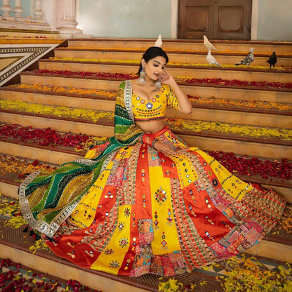 YELLOW SILK LENGHA CHOLI WITH REAL MIRROR WORK AND ATTACHED YELLOW DUPATTA  SF-1336