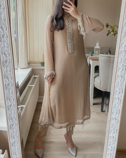 Fancy Faux Georgette Real Moti Hand Work Top And Pent With Dupatta Set