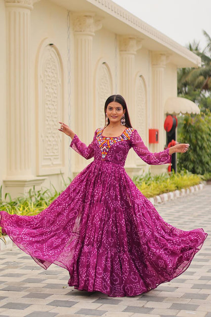 Gulraang Bandhani Anarkali Gown in Pure Georgette with Mirror Work