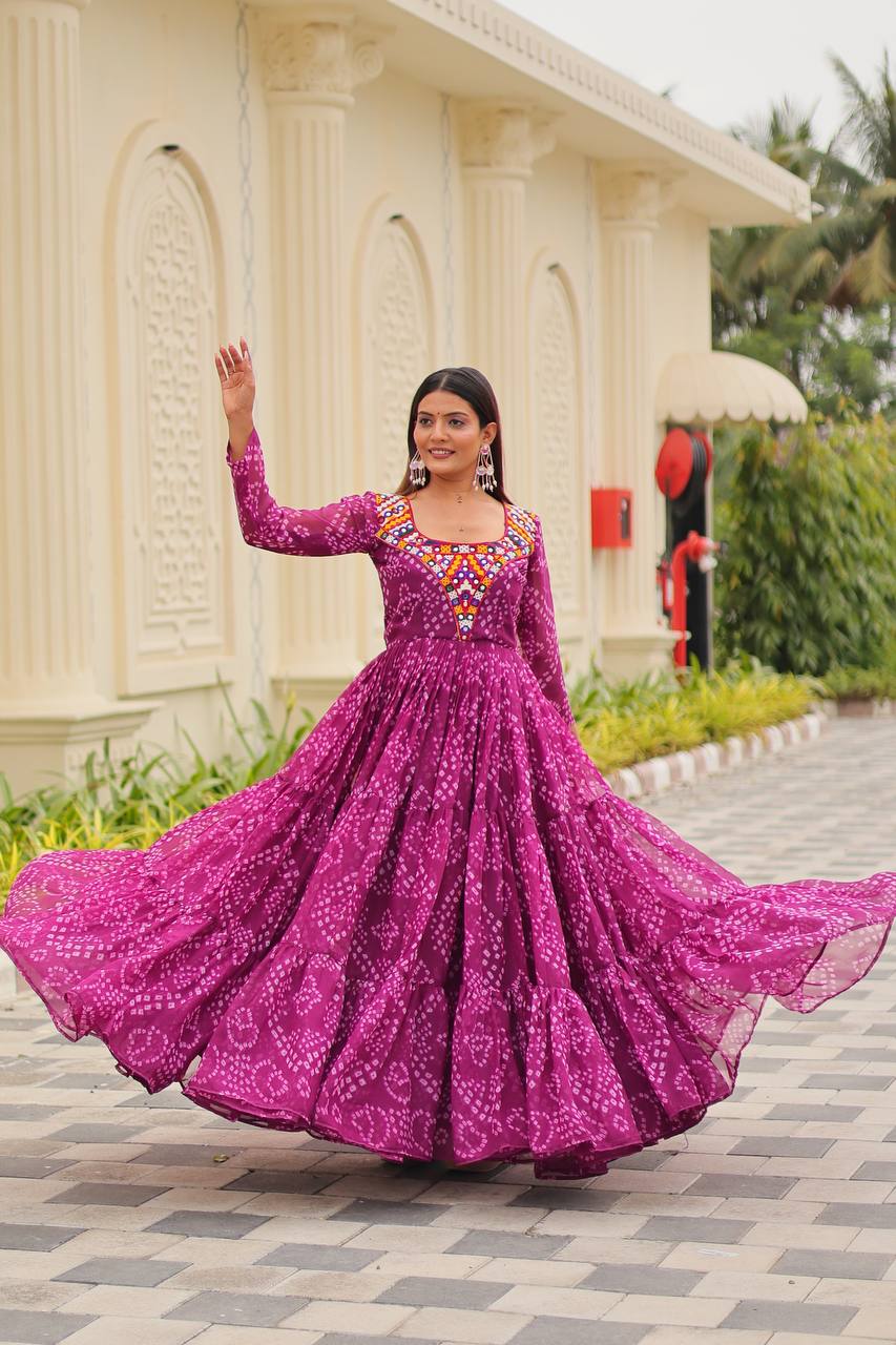 Gulraang Bandhani Anarkali Gown in Pure Georgette with Mirror Work