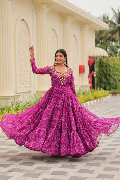 Gulraang Bandhani Anarkali Gown in Pure Georgette with Mirror Work