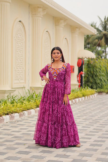 Gulraang Bandhani Anarkali Gown in Pure Georgette with Mirror Work