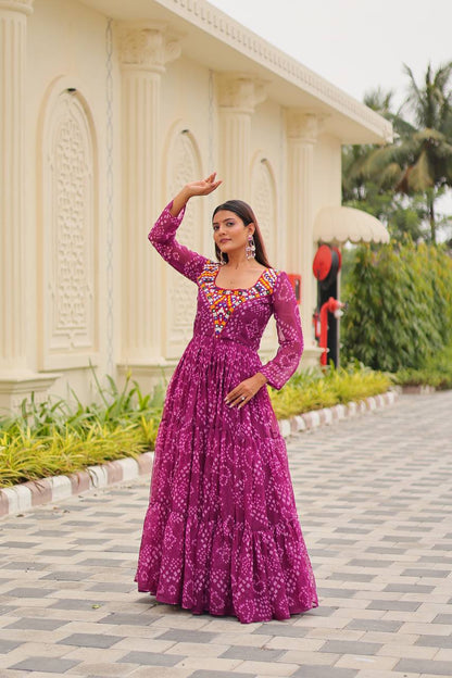 Gulraang Bandhani Anarkali Gown in Pure Georgette with Mirror Work