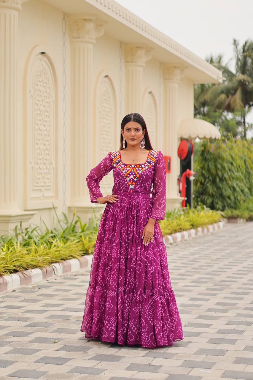 Gulraang Bandhani Anarkali Gown in Pure Georgette with Mirror Work