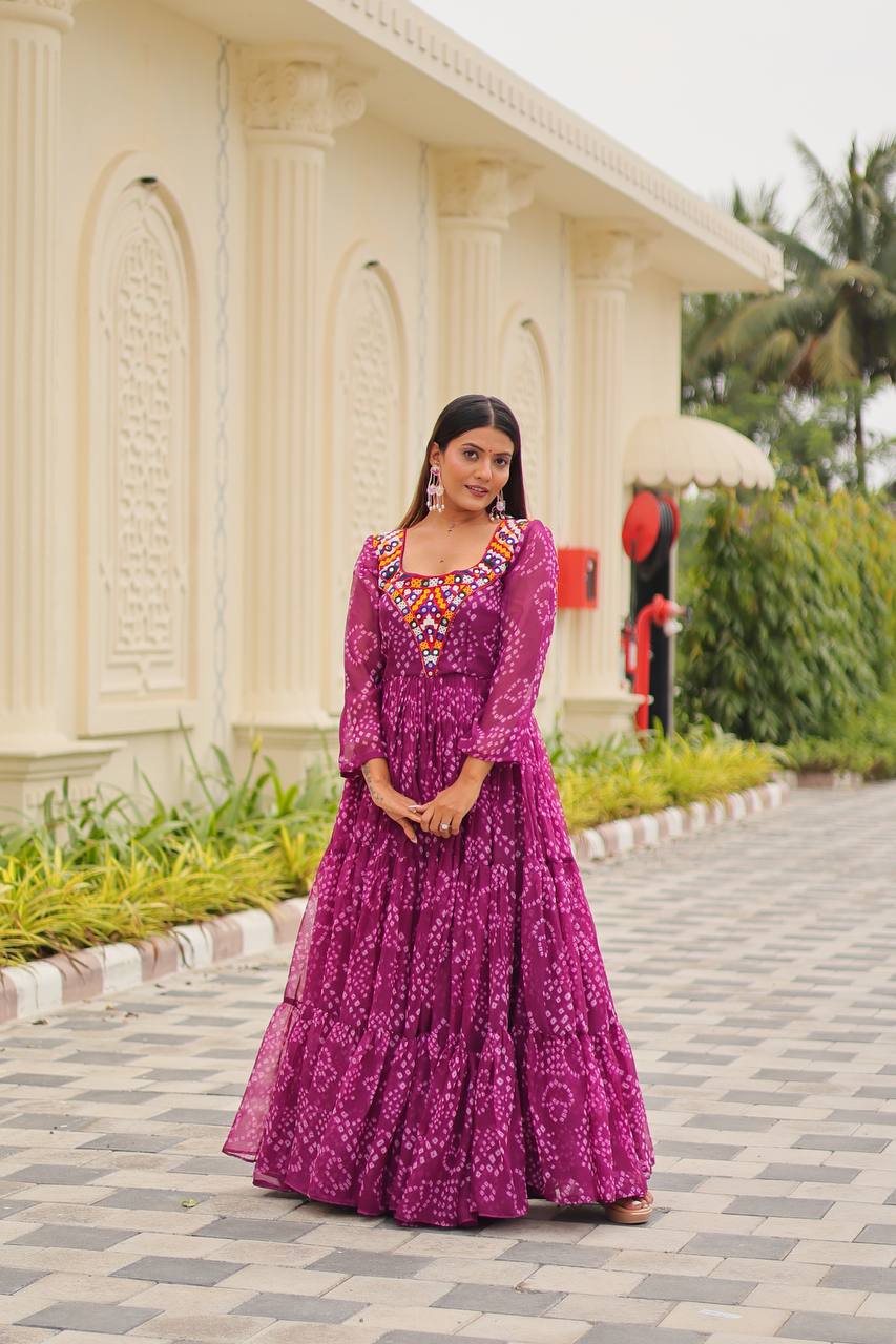 Gulraang Bandhani Anarkali Gown in Pure Georgette with Mirror Work