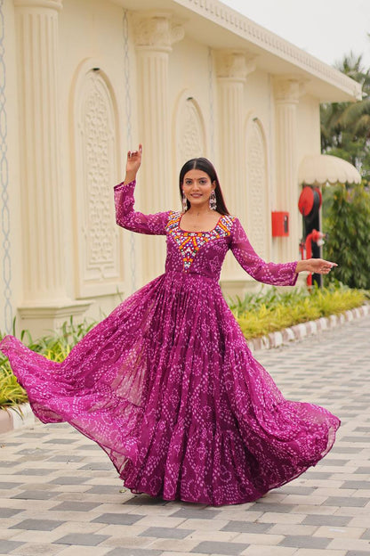 Gulraang Bandhani Anarkali Gown in Pure Georgette with Mirror Work