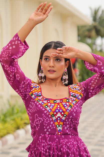 Gulraang Bandhani Anarkali Gown in Pure Georgette with Mirror Work