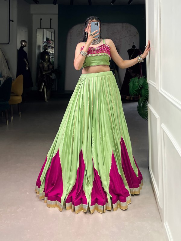 Kiara's Parrot Green & Rani Pink Mirror Magic  Lehenga Choli