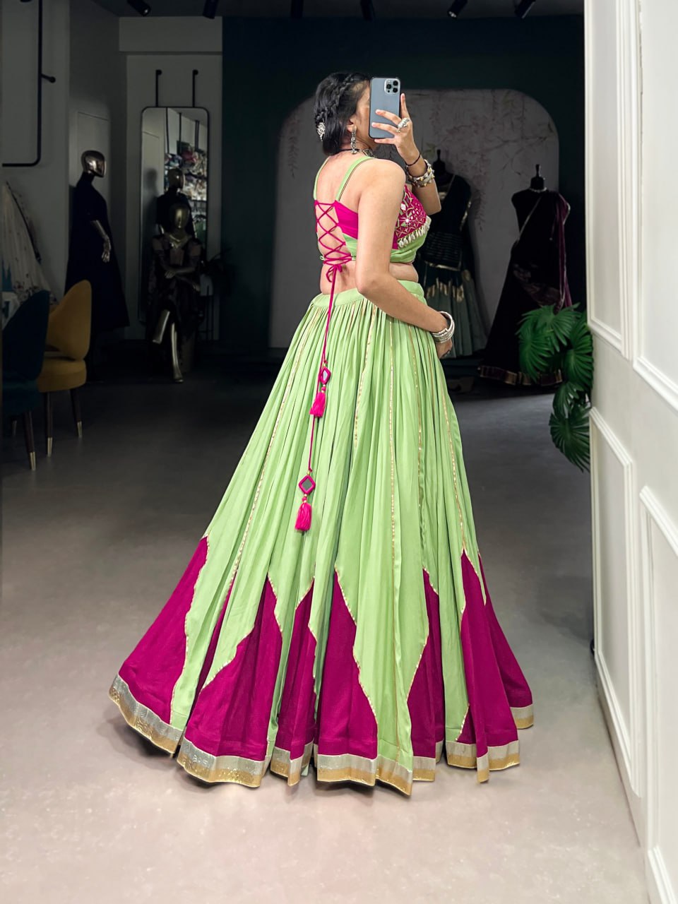 Kiara's Parrot Green & Rani Pink Mirror Magic  Lehenga Choli