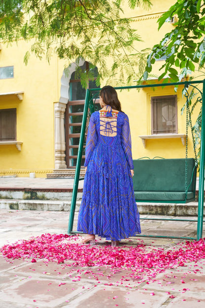 Navrang Bandhej Anarkali Gown with Kutchi Mirror Work