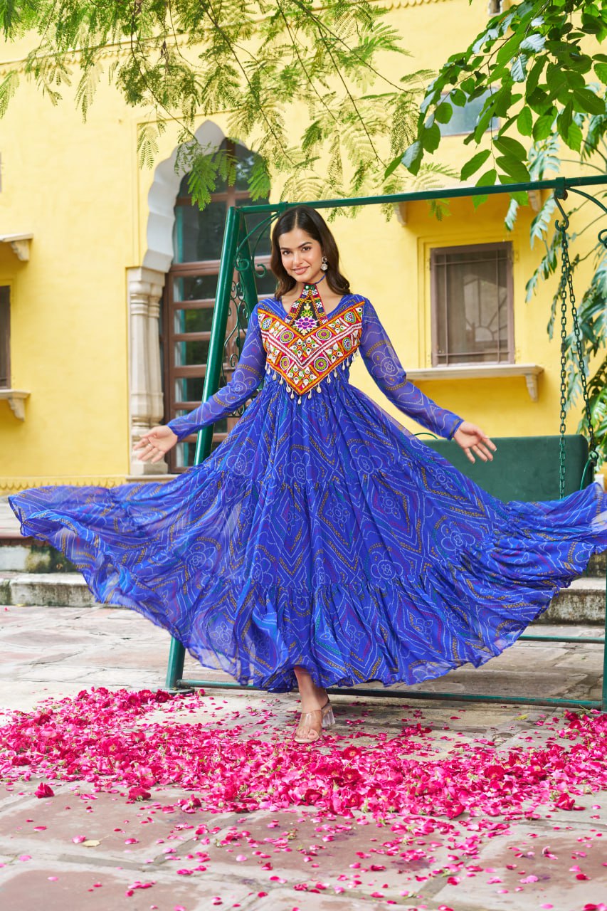 Navrang Bandhej Anarkali Gown with Kutchi Mirror Work