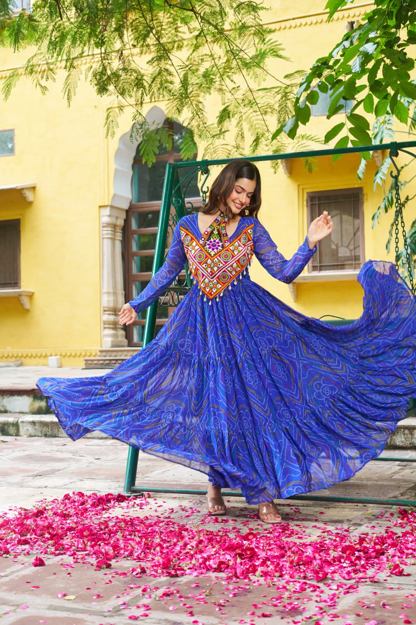Navrang Bandhej Anarkali Gown with Kutchi Mirror Work