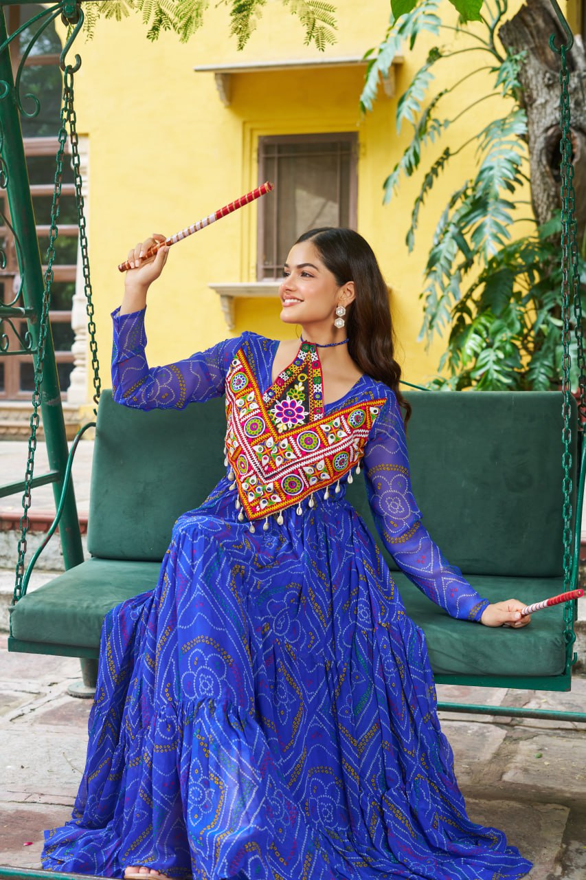 Navrang Bandhej Anarkali Gown with Kutchi Mirror Work