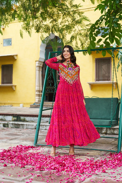 Navrang Bandhej Anarkali Gown with Kutchi Mirror Work