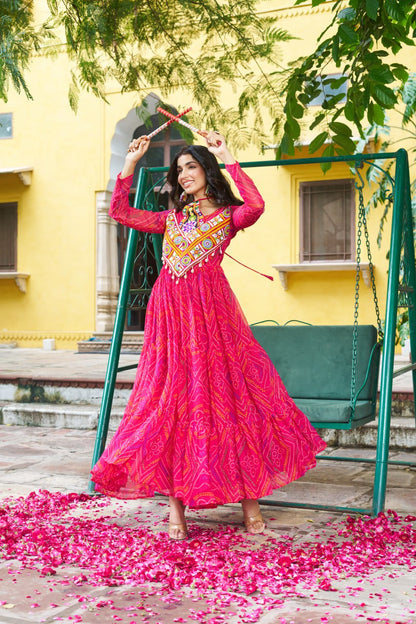 Navrang Bandhej Anarkali Gown with Kutchi Mirror Work