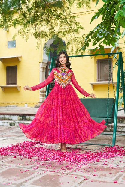 Navrang Bandhej Anarkali Gown with Kutchi Mirror Work