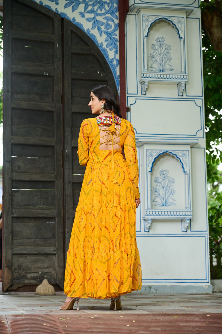 Navrang Bandhej Anarkali Gown with Kutchi Mirror Work