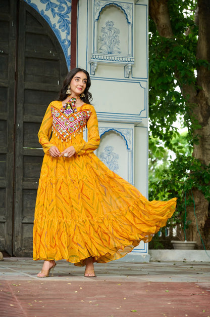 Navrang Bandhej Anarkali Gown with Kutchi Mirror Work