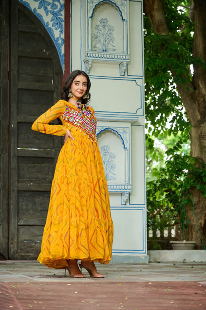 Navrang Bandhej Anarkali Gown with Kutchi Mirror Work