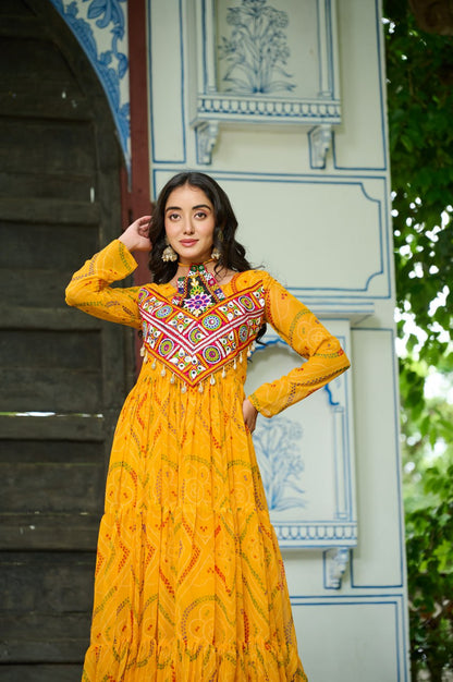 Navrang Bandhej Anarkali Gown with Kutchi Mirror Work
