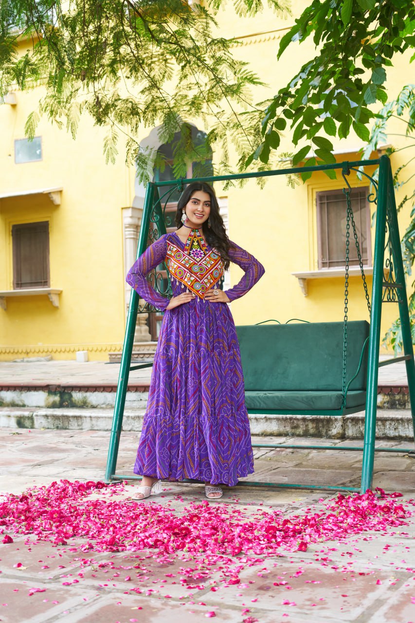 Navrang Bandhej Anarkali Gown with Kutchi Mirror Work