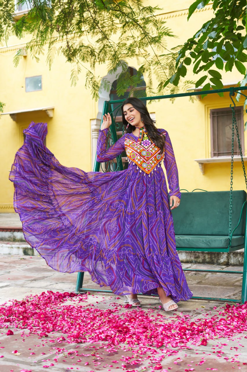 Navrang Bandhej Anarkali Gown with Kutchi Mirror Work