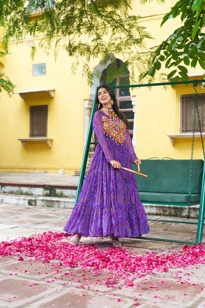 Navrang Bandhej Anarkali Gown with Kutchi Mirror Work