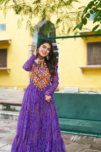 Navrang Bandhej Anarkali Gown with Kutchi Mirror Work