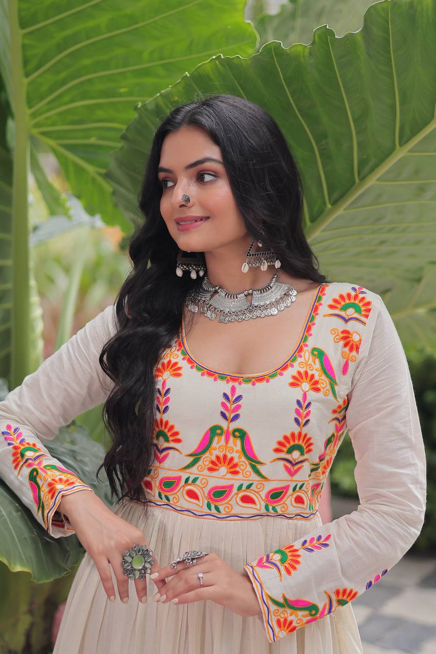 Dhaara Ivory Blossom Mirror Embroidered Anarkali Gown