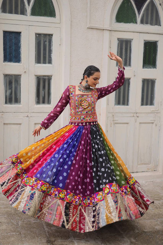 Raangreeza Multicolor Bandhani Mirror Work Lehenga Choli