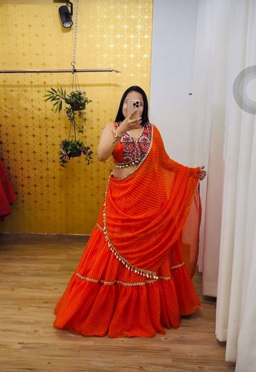 Meher Kutchi Embroidery Blouse with Orange Bandhani Style Lehenga Set